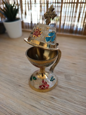 Small brass censer with colorful designs, like new