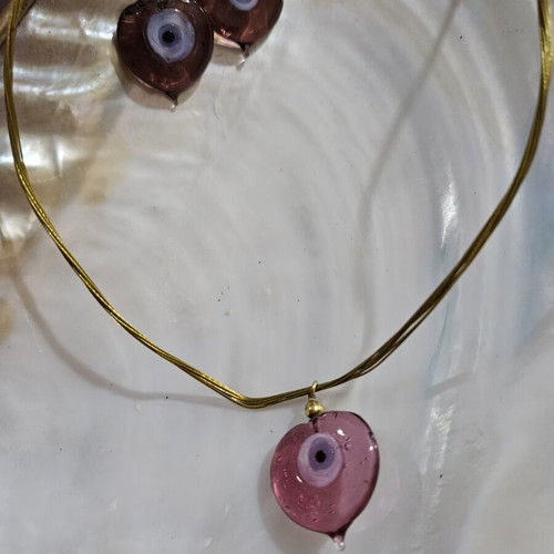 Pendant and earrings set with pink glass evil eye new