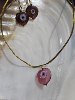 Pendant and earrings set with pink glass evil eye new