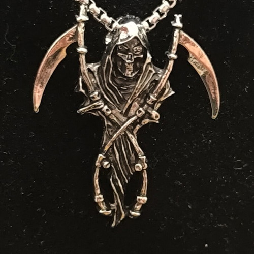 Gothic Grim Reaper Necklace with Double Scythes Silver Tone Pendant new