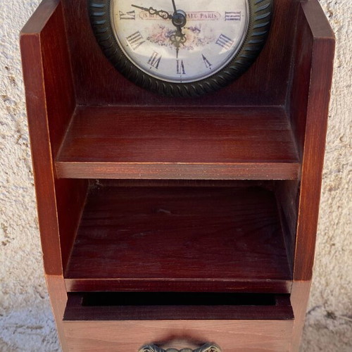 Vintage wooden jewelry box with clock, used, brown
