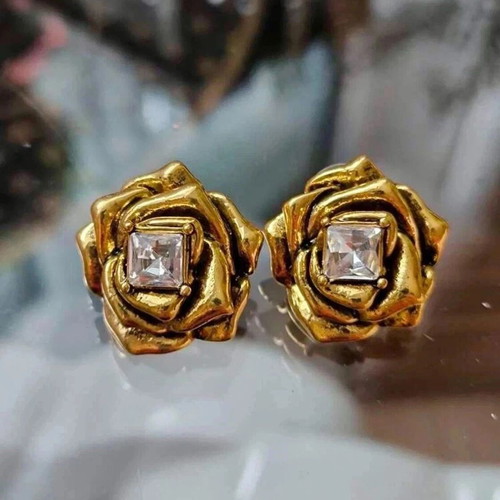 Vintage Gold Tone Rose Stud Earrings with Crystal