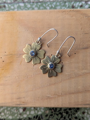 Handmade brass earrings with aquamarine cubic zirconia and sterling silver hooks new