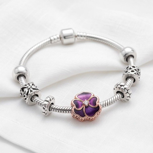 Pandora Deep Purple Pansy Flower Charm new with 14K rose gold and cubic zirconia