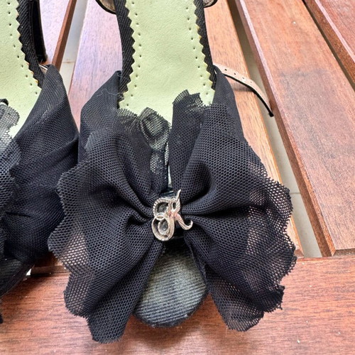 Killah sandals used, black with tulle and crisscross tie, 12cm heel