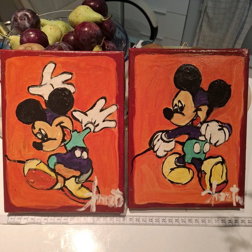 Mickey Mouse set of two handmade paintings with wooden frames and hanger