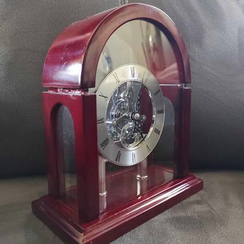 David Peterson Skeleton Mantel Clock like new, wooden with glass