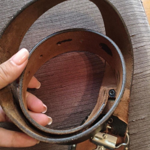 Vintage leather belt used with handmade wooden J.C.K. Trucking buckle