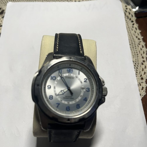 Timex Expedition Shock Resistant men's watch used, silver dial, leather strap