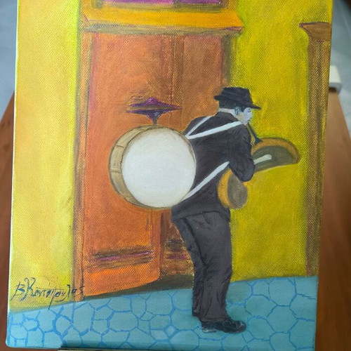 Painting The One Man Band new with easel, V. Kontopoulos