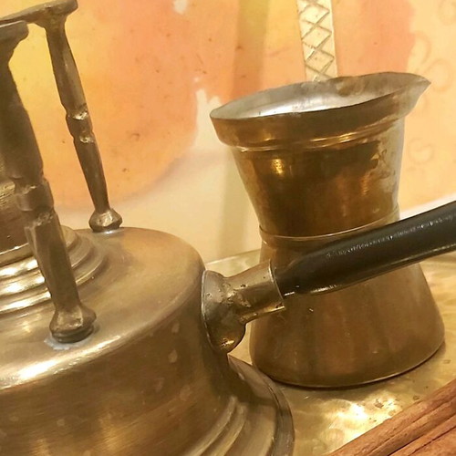 Coffee set vintage 3pcs brass, like new, kamineto, briki, tray