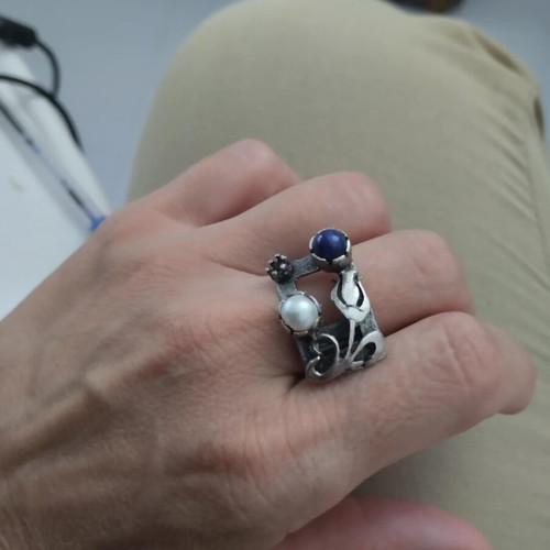 Ring handmade from metal, like new, white and blue