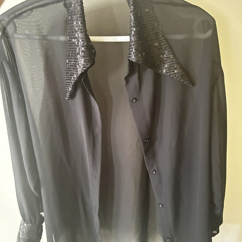 Shirt transparent with sequins on collar and sleeves, one size, like new