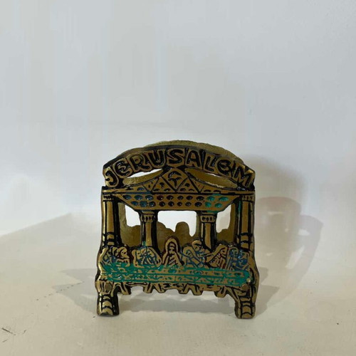 Vintage brass napkin holder with The Last Supper enamel design used
