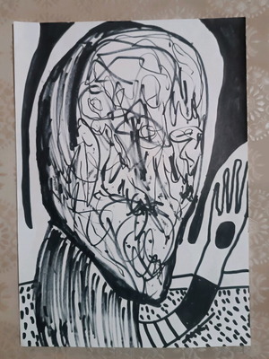 Outsider art painted with black marker on white A4 paper made to order