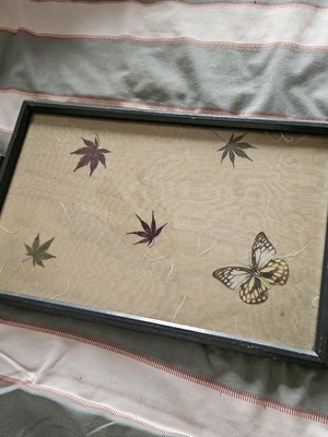 Vintage serving tray used, wood and glass