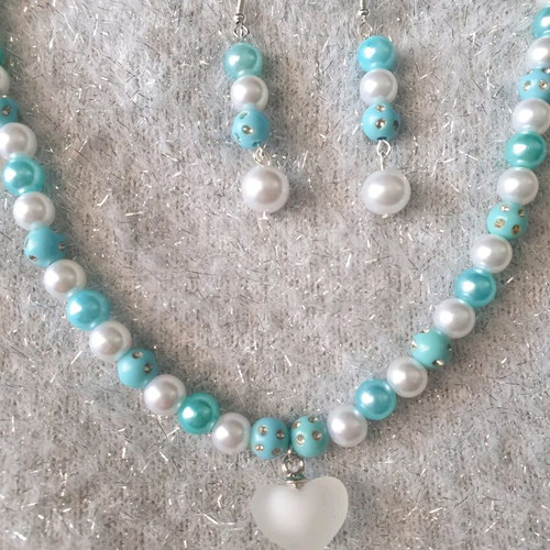 Handmade beaded turquoise and white summer necklace and earrings set new