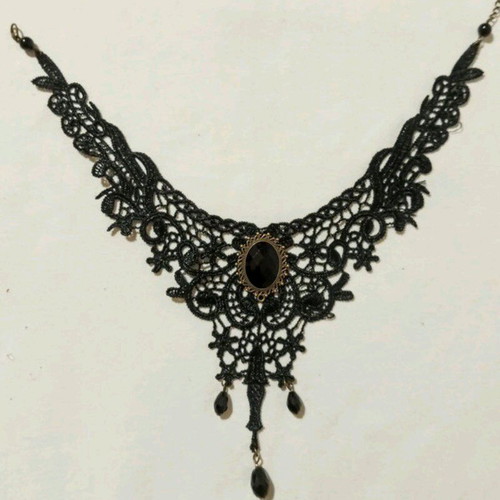 Statement gothic lace choker with black obsidian and teardrop beads new