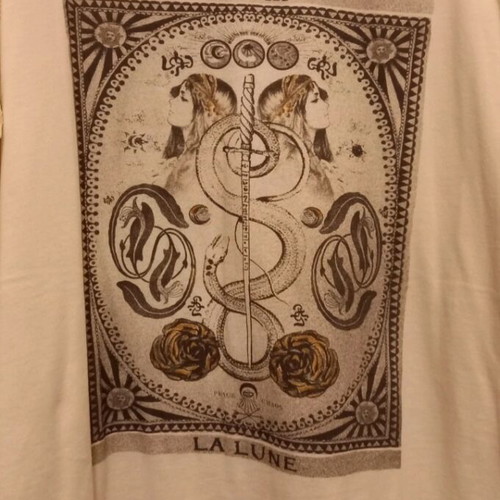 Peace+chaos S-M blouse new with quipure lace sleeves and La lune print