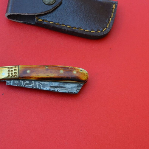 Damascus Custom Made Folding Tando Knife With Stain Bone Handle