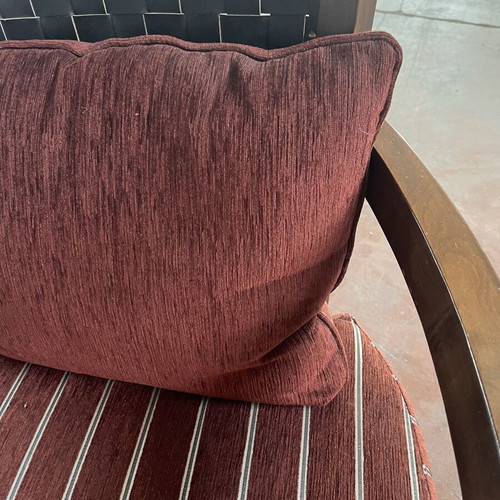 Living room armchair with woven leather back used, solid wood frame