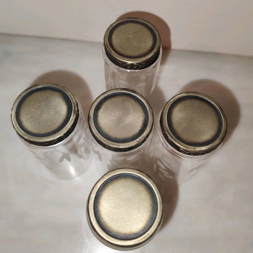 Vintage vodka/ouzo/cognac glasses set of 5, crystal and copper-nickel, like new