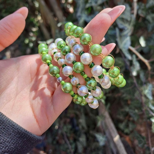 Fairycore bracelet set with green beads and pearls new