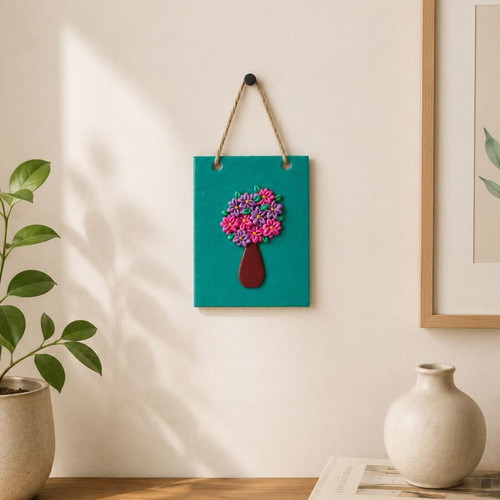 Polymer clay wall hanging with pink and purple daisies and vase like new