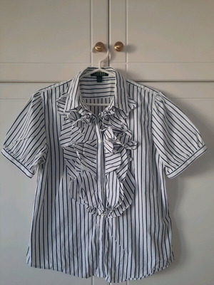 Γυναικείο πουκάμισο Ralph Lauren κοντομάνικο σαν καινούργιο, λευκό με μπλε ρίγα και βολάν