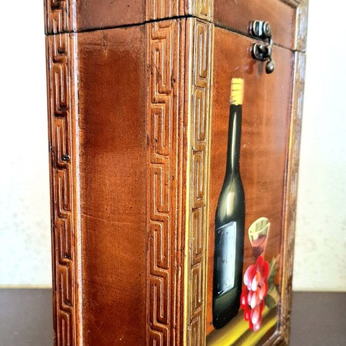Wooden vintage box for 2 wine bottles with handmade painting like new