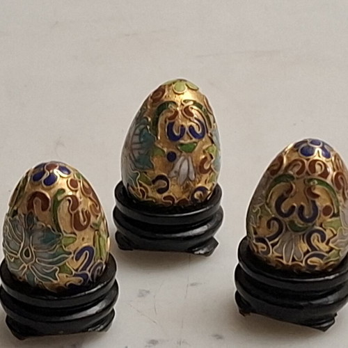 Vintage Cloisonné Egg Miniatures set like new on wooden bases