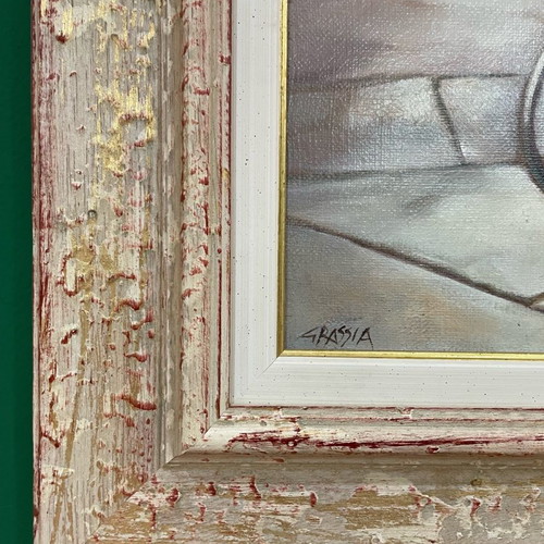Grassia oil painting used, vase with flowers in handmade carved frame