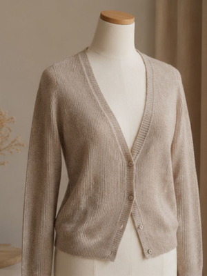 Ribbed thin cardigan beige with gold thread, size M/L