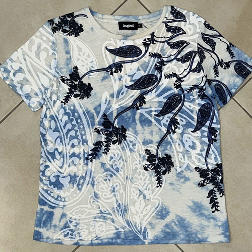 Desigual Women T-Shirt blue tie-dye paisley embroidered print size S like new