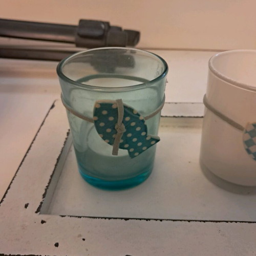 Candle holder 3 tealights used with summer theme, wooden tray, glass cups