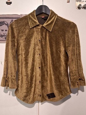 Diesel Vintage Y2K Χρυσαφί Βελουτέ Πουκάμισο Καινούργιο, 3/4 Μανίκια, Μέγεθος S