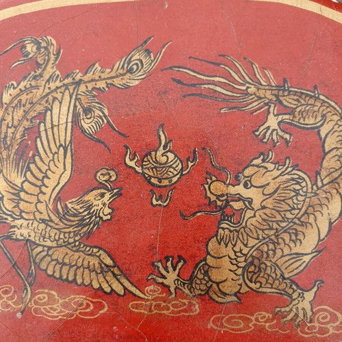 Vintage Chinese Red Lacquered Leather Box with Gilded Dragon and Phoenix