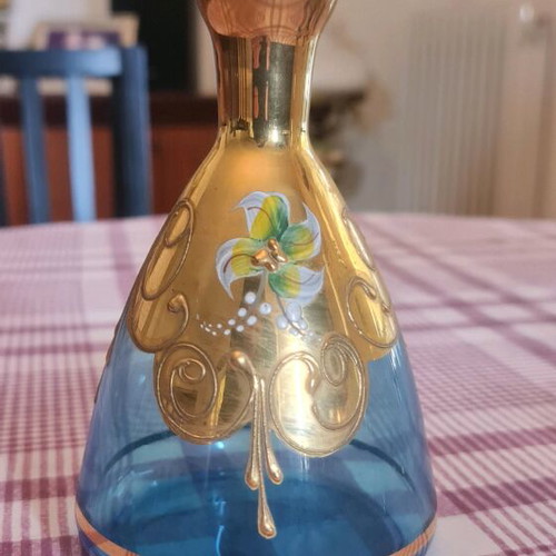 Vintage Tre Fuochi blue crystal liqueur set with 24K gold and embossed flowers like new (7 pcs)