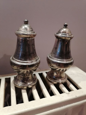 Copper salt shakers used, 2 pieces, with 925 silver leaf, 50 years old