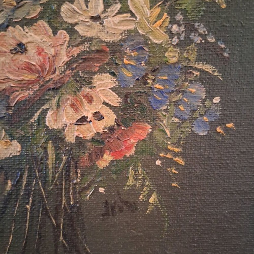 Framed floral artwork like new with wooden olive frame
