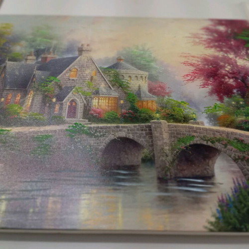 Painting 80x60 cm like new, village houses by the lake with bridge