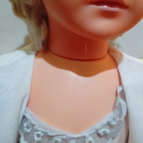 Large vintage doll used with satin dress and red shoes