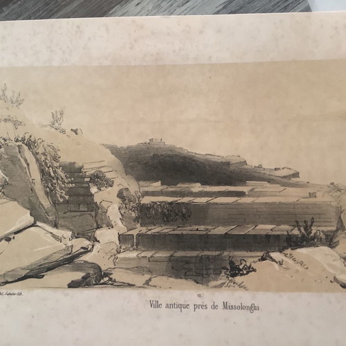 Ancient City Near Missolonghi Lithograph Used 26x16.5cm