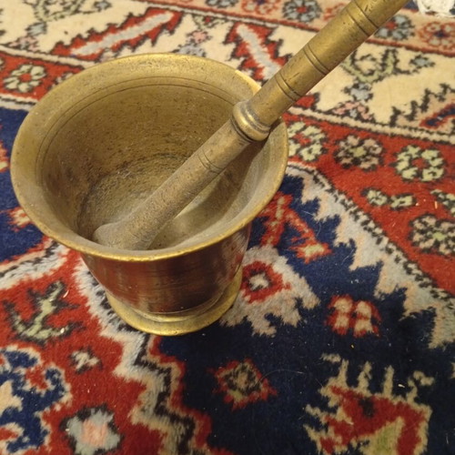 Classic small brass mortar and pestle with natural patina