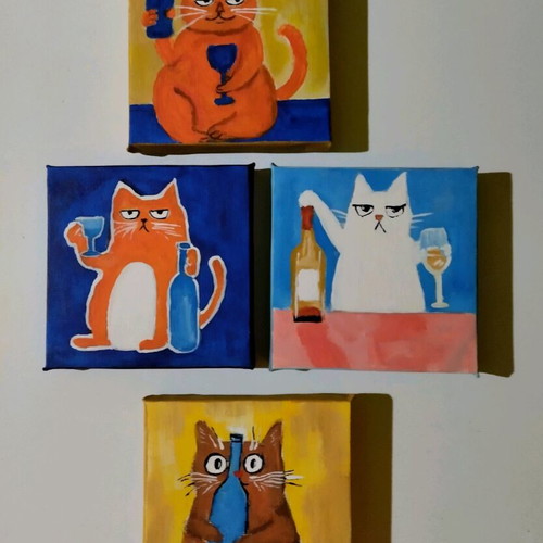 Set of 4 cat motif paintings on canvas, new