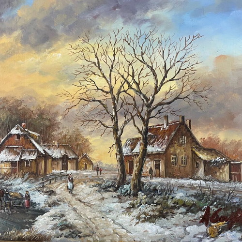 Oil painting on wood winter landscape by Abatucci