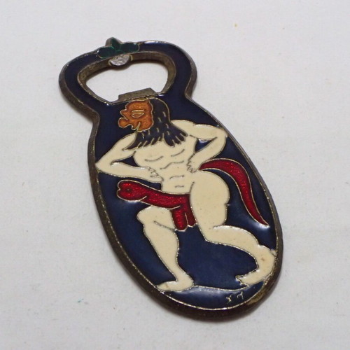 Vintage bottle opener enamel and brass like new, 70's Greece, satyr design