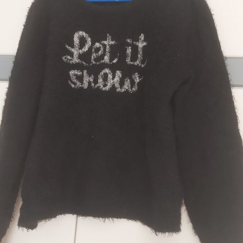 Wool Sweater Let It Snow logo size L like new, black