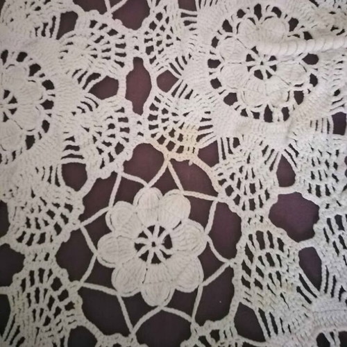 Antique handmade crochet tablecloth used, cotton thick yarn, off-white