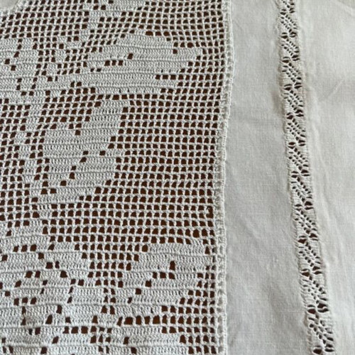 Linen tablecloth handmade with lace and openwork like new